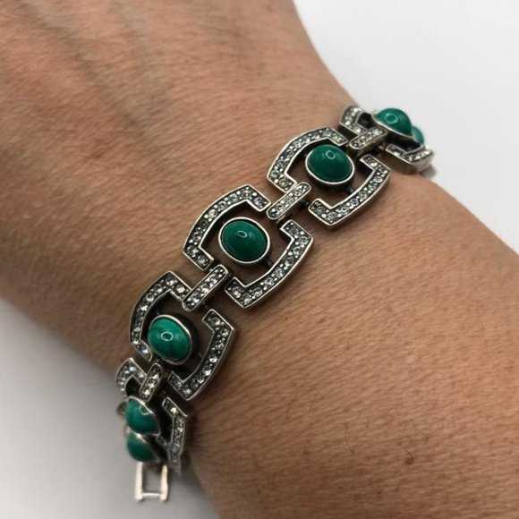 Jenavi Silver Panels Bracelet with Rhinestones and Malachite Cabachons. - Picture 6 of 7